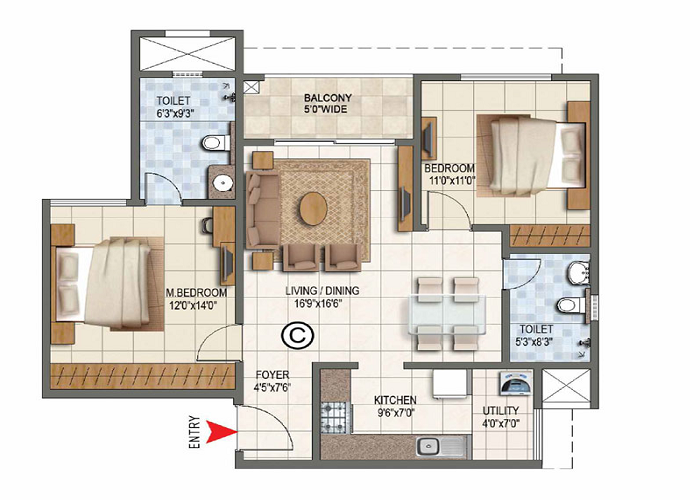 Prestige Begur 2 BHK Floor Plan